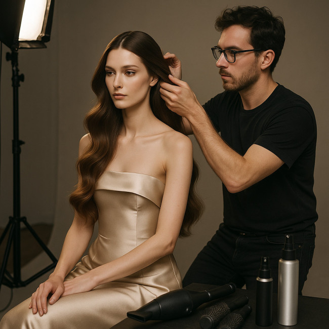 coiffeur indépendant préparant une mannequin sur un plateau photo