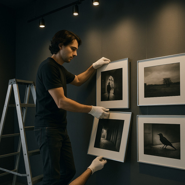 Photographe préparant l'accrochage de ses tirages