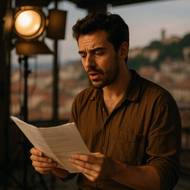 Comédien lyonnais répète son texte sur un plateau de tournage