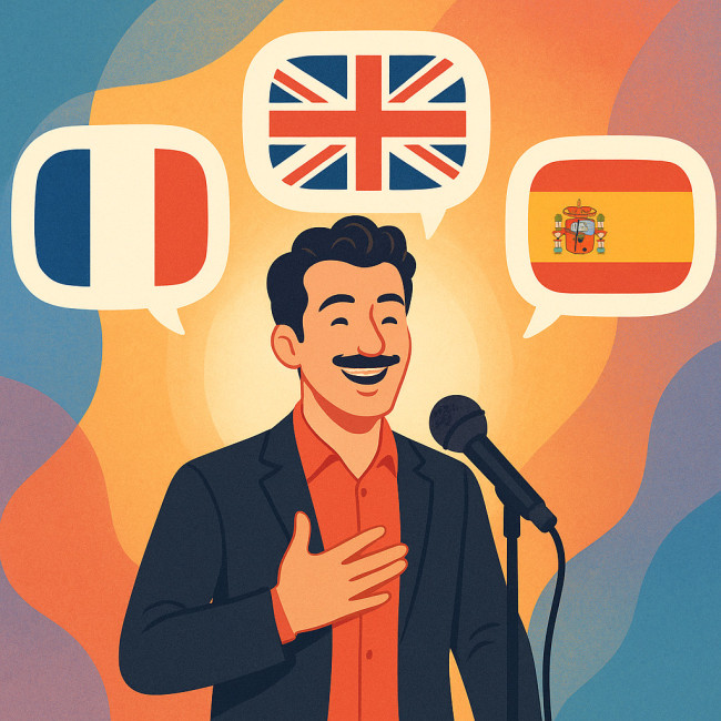 acteur bilingue entouré de drapeaux