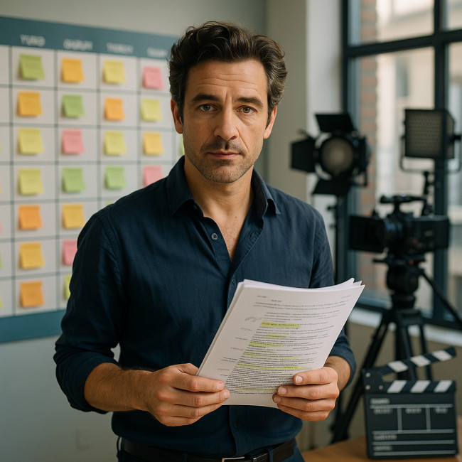 Acteur consultant un agenda de tournage coloré