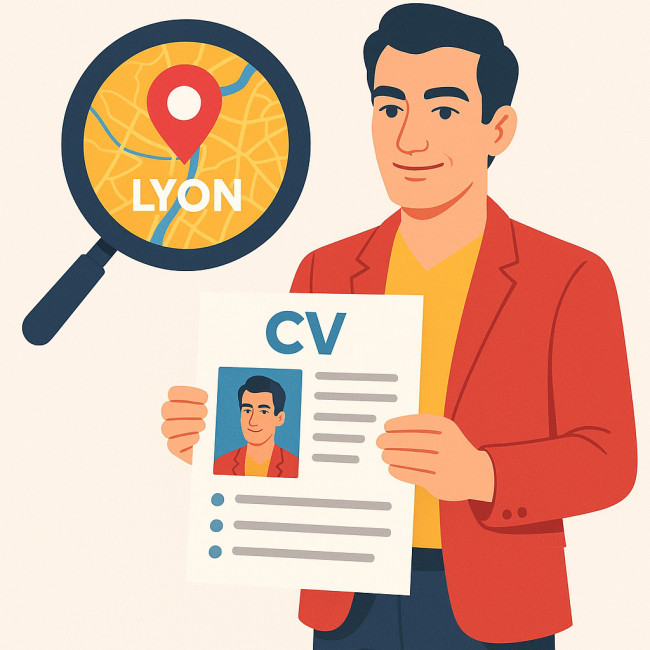 Illustration d'un acteur avec son CV sur une carte de Lyon