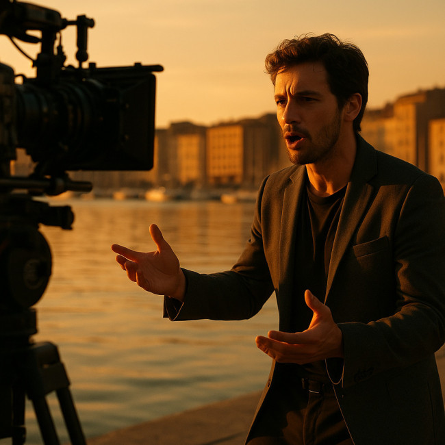 Acteur jouant sur les quais du Vieux-Port au coucher du soleil
