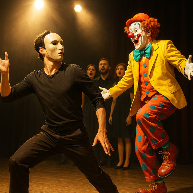 Comédien masqué, clown et chœur en scène