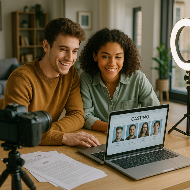 Deux jeunes acteurs préparent une candidature de casting en ligne