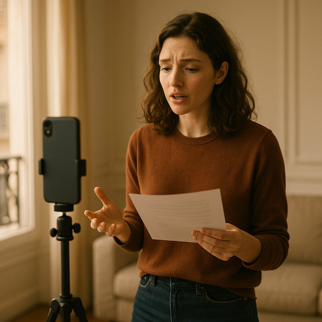 Acteur réalisant un selftape vertical sur smartphone