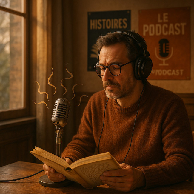 Auteur en studio en train d'adapter son roman en podcast