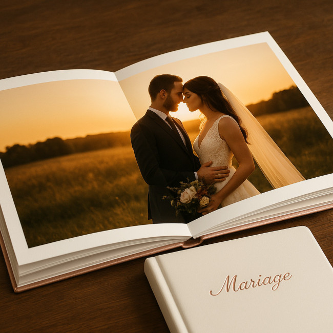 Album photo mariage premium ouvert en double page luxueuse