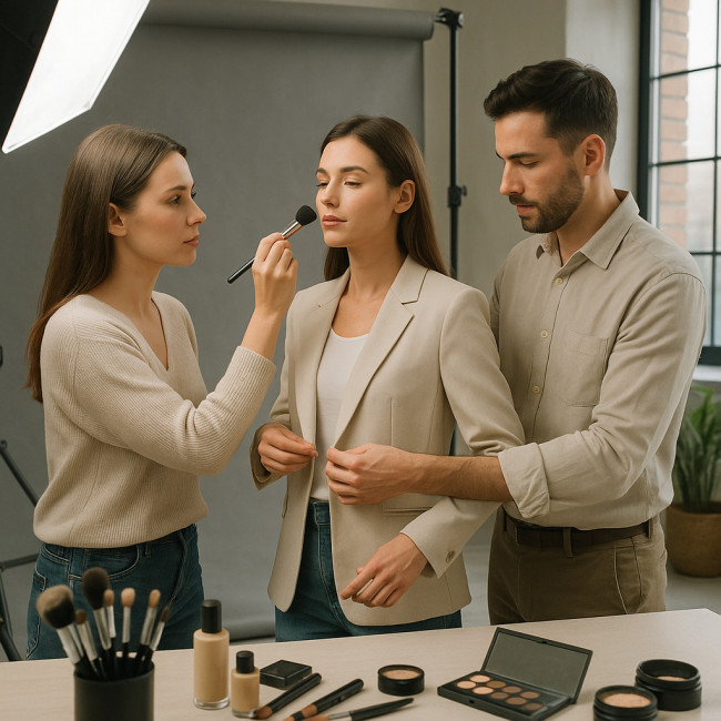 maquilleuse et styliste ajustant un look en studio