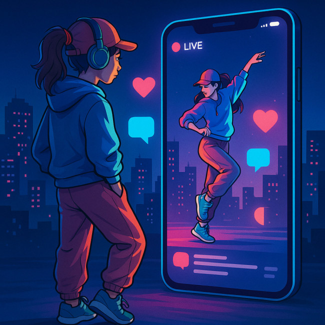 Danseuse partageant la vidéo de son micro-événement sur smartphone