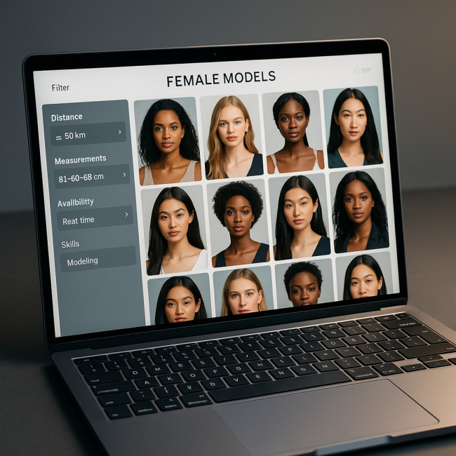 Interface d'un annuaire de mannequins avec filtres actifs