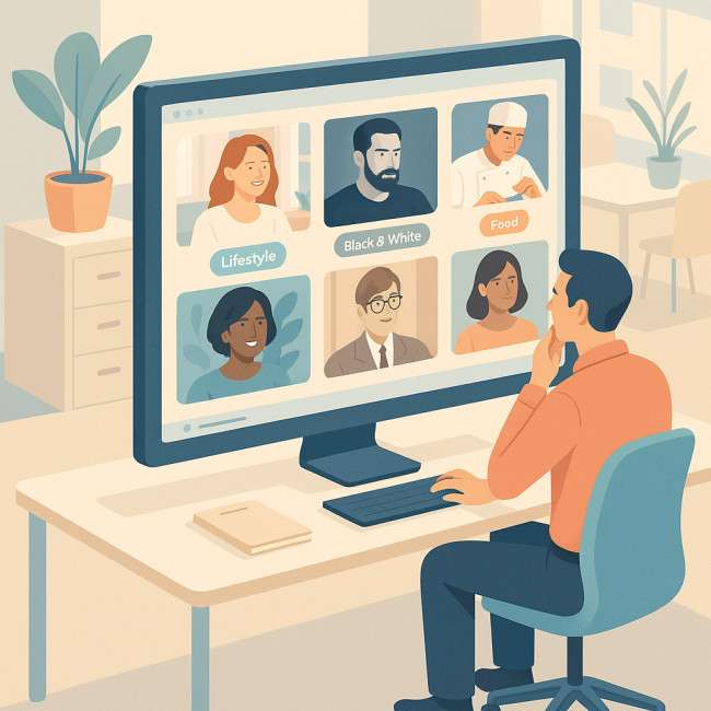 Interface montrant le filtrage par style dans un annuaire photo