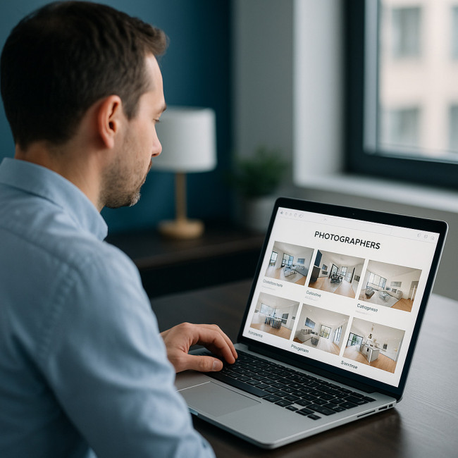 Utilisateur consultant un annuaire de photographes immobiliers sur son ordinateur