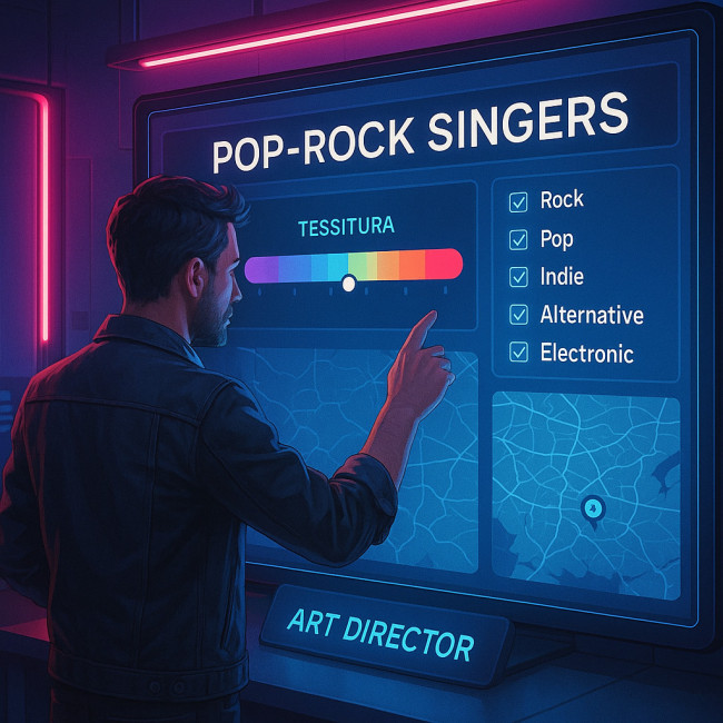 Producteur filtrant des voix pop-rock sur un écran interactif