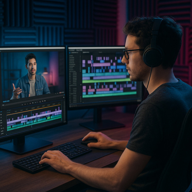 Monteur vidéo apprenant via tutoriel à son bureau