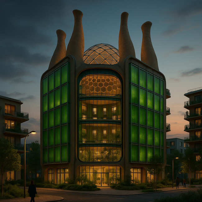 bâtiment biomimétique illustré pour un portfolio d'architecte