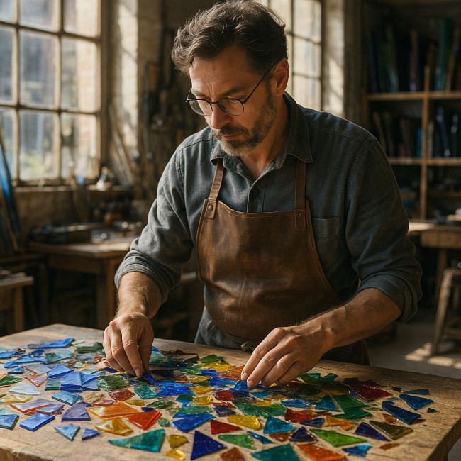 Artisan verrier triant des chutes de verre coloré pour recyclage