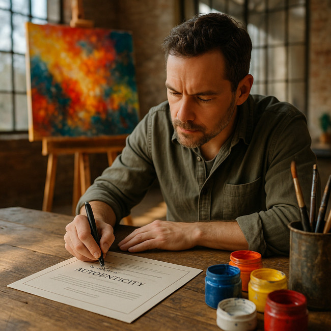 Artiste signant un certificat dans son atelier