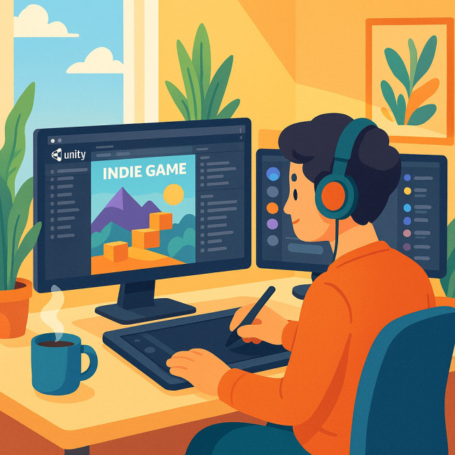 artiste digital créant un jeu indé à distance