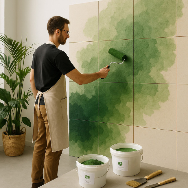 Artiste appliquant peinture biosourcée sur fresque modulable