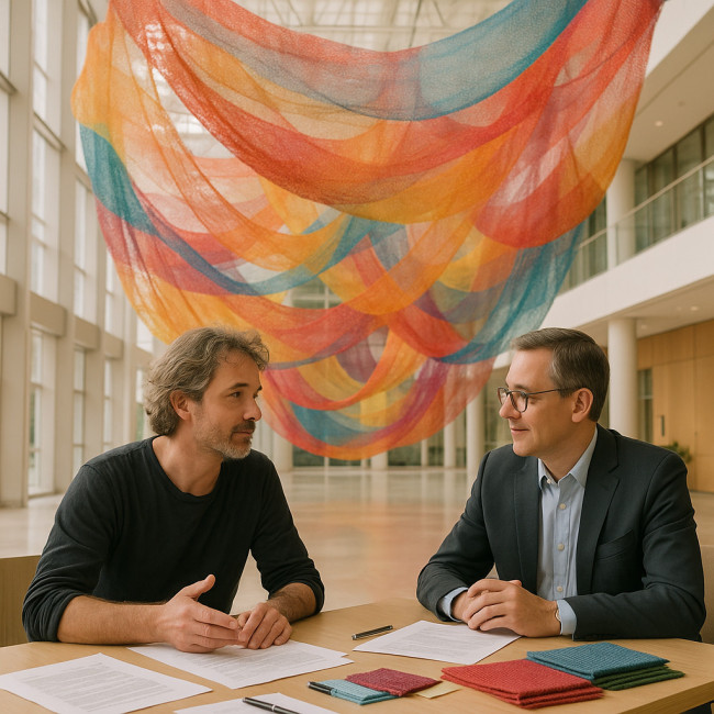 Artiste textile négociant les droits de son installation