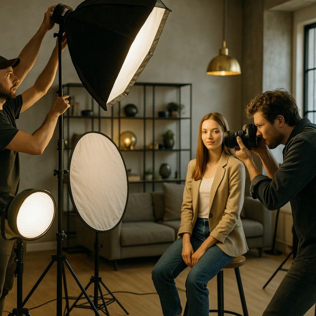Assistant photo réglant un flash dans un studio moderne