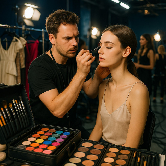 maquilleur en loge backstage appliquant du maquillage