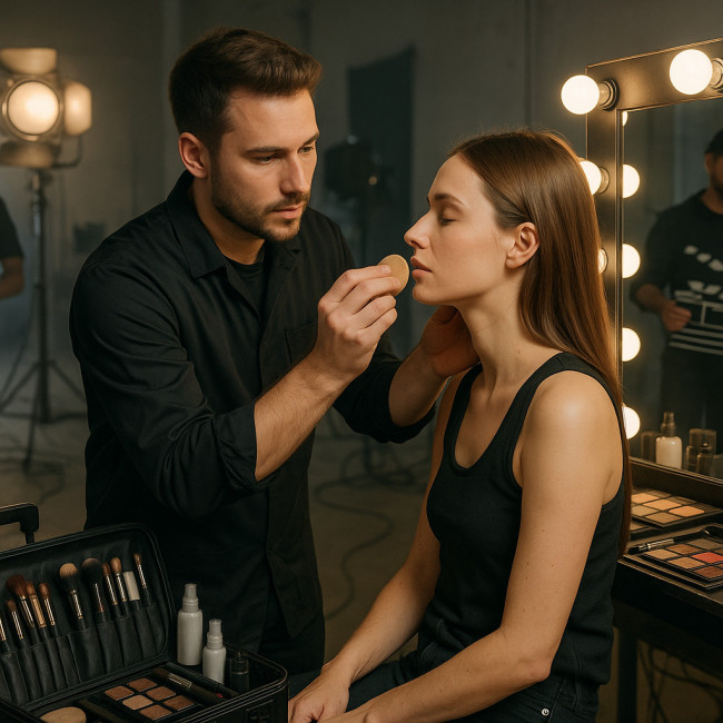Maquilleur pro en action sur un plateau, matériel visible