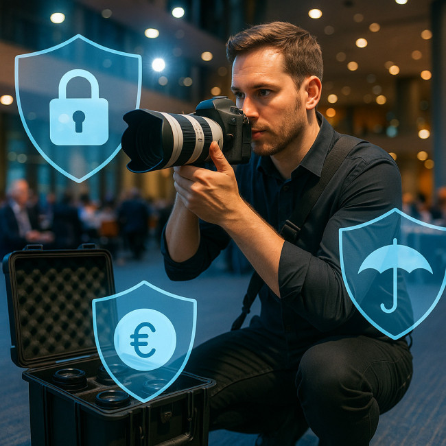 Photographe événementiel protégeant son matériel