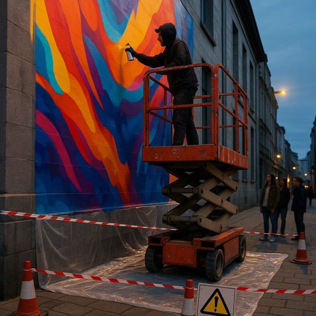 artiste peignant une fresque urbaine sécurisée