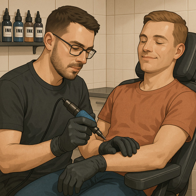 tatoueur en studio illustrant la sécurité et l'assurance