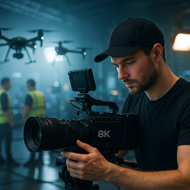 Vidéaste sur plateau avec caméra et drone