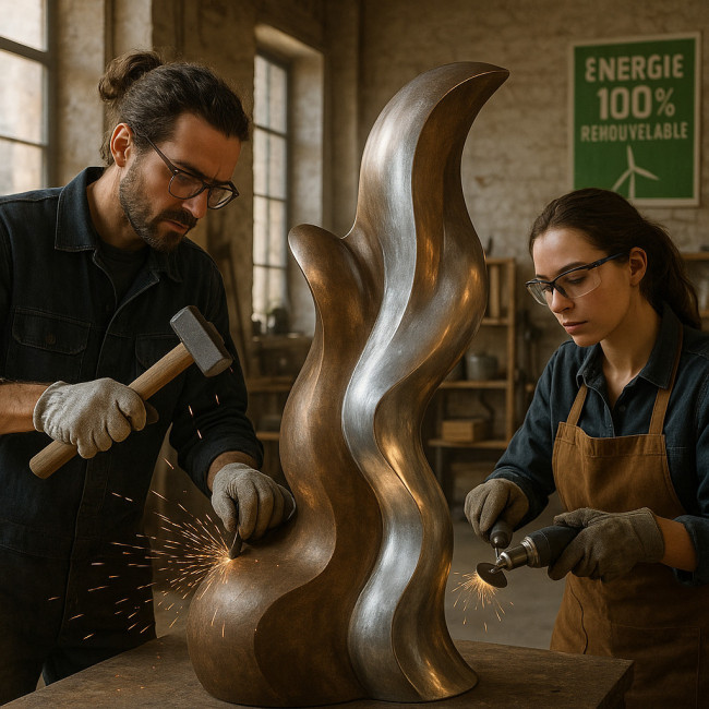 Artisans travaillant un alliage recyclé dans un atelier durable