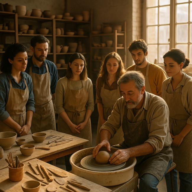 Formateur montrant le tournage à des stagiaires dans un atelier de céramique