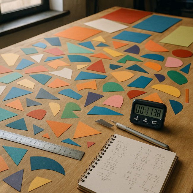 Atelier de collage montrant papiers découpés, outils et chronomètre