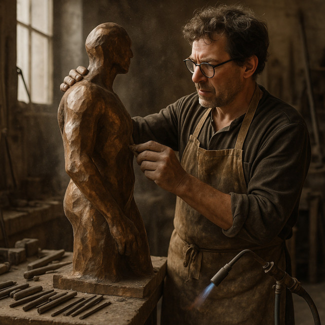sculpteur créant une œuvre en atelier