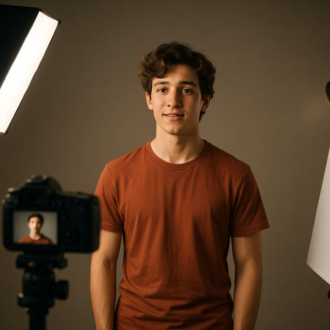 Acteur réalisant une self-tape avec éclairage professionnel