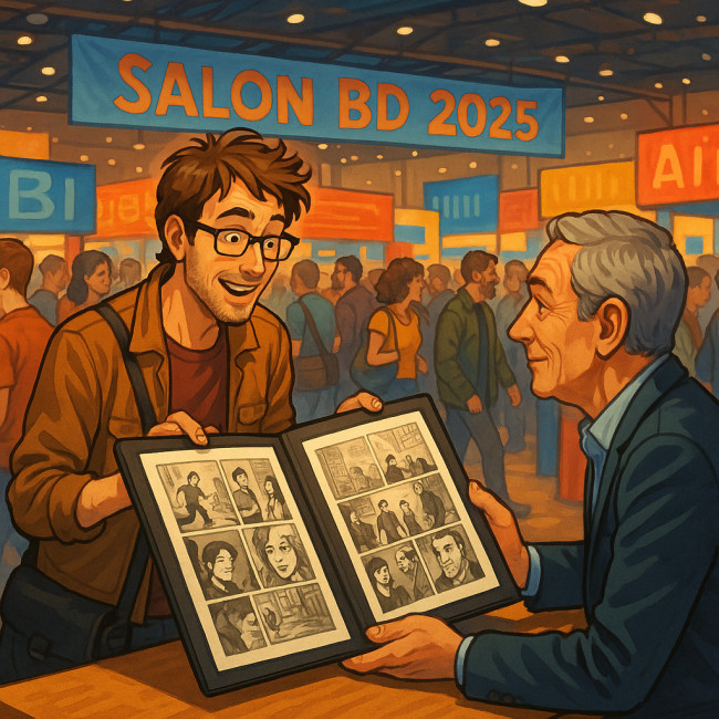 Auteur montrant ses planches à un éditeur dans un salon BD