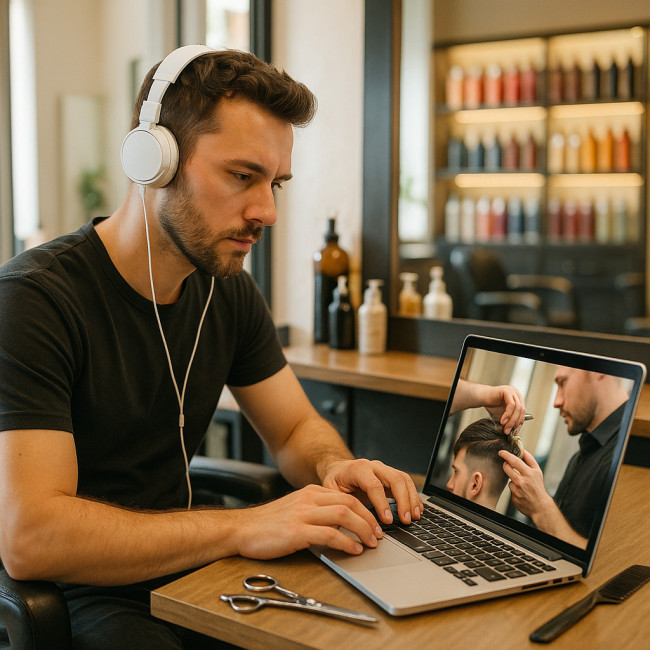 coiffeur suivant une formation digitale sur ordinateur