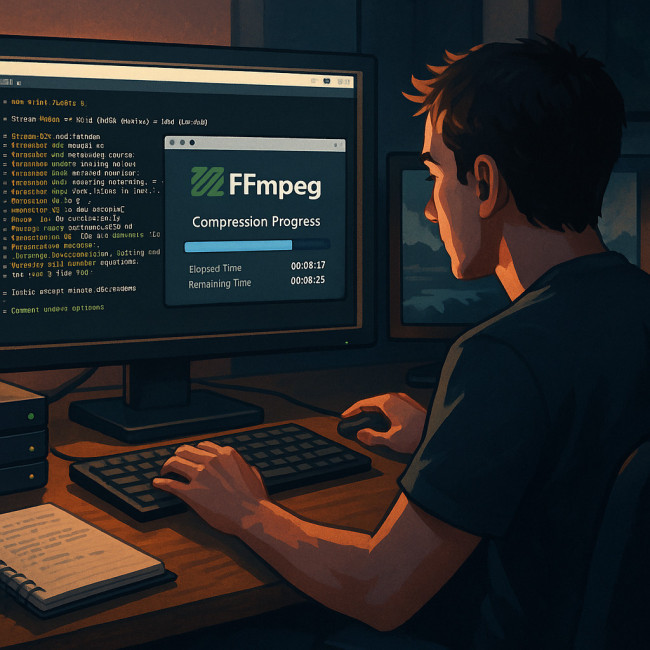Poste de travail montrant l'automatisation de la compression vidéo