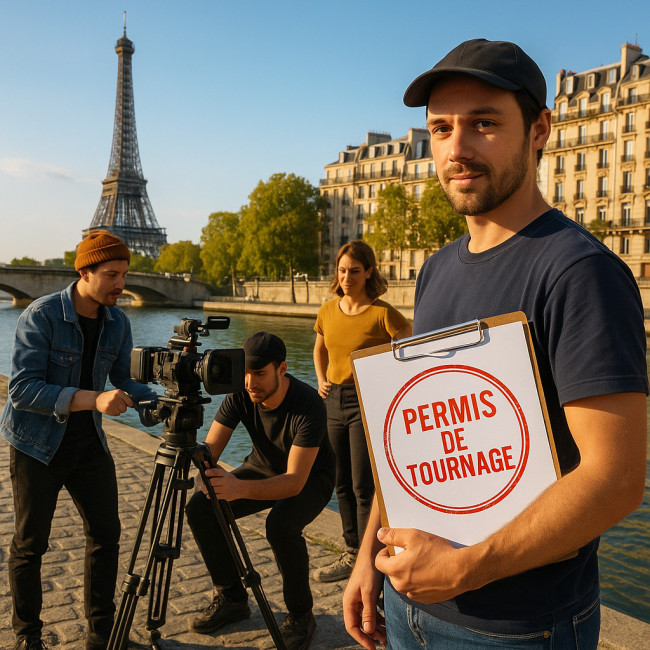 équipe de tournage parisienne montrant son permis sur les quais