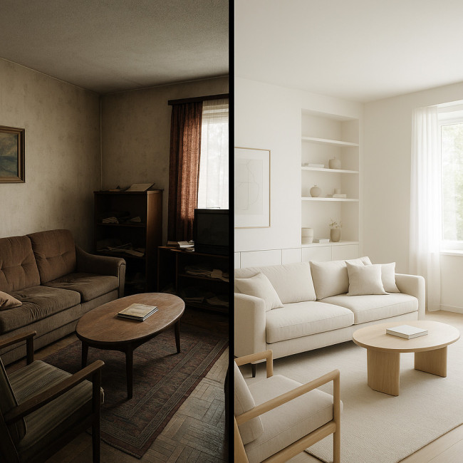 comparatif avant après séjour d'architecte d'intérieur