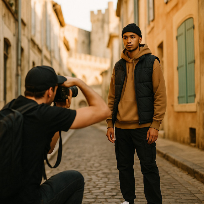 Photographe réalisant un shooting urbain dans une ruelle d'Avignon