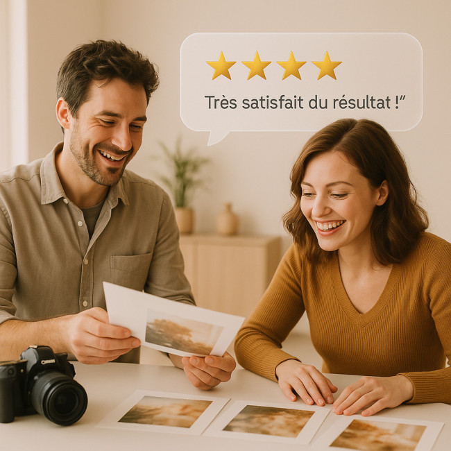 Photographe présentant ses clichés à une cliente satisfaite