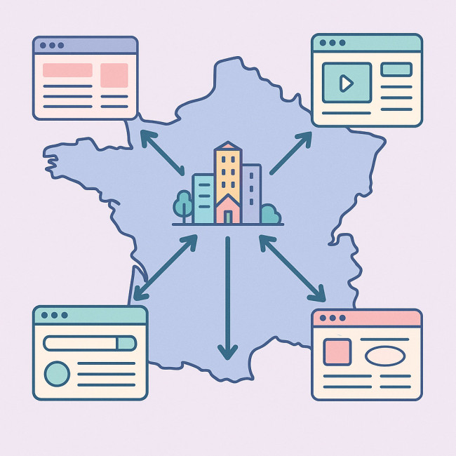 Schéma de backlinks locaux vers une ville française