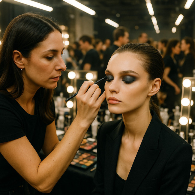 Maquilleuse en backstage appliquant un maquillage sur une mannequin