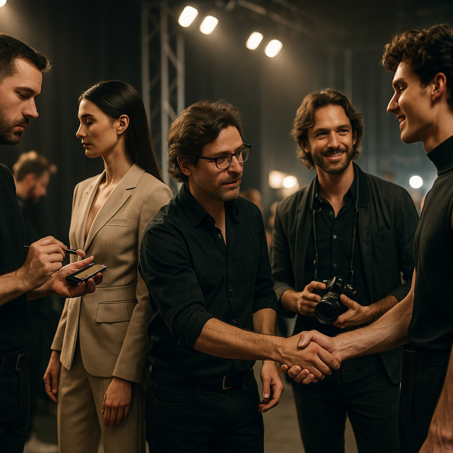 Professionnels échangeant dans un backstage animé