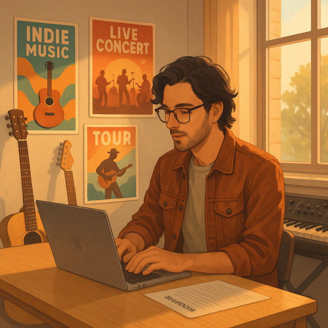musicien composant sa bio d'artiste dans un studio créatif