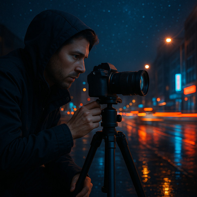 Photographe nocturne avec boîtier hybride 2025 dans une rue éclairée