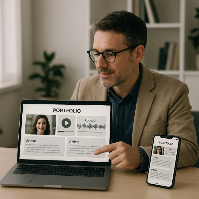 Portfolio multimédia affiché sur ordinateur et mobile